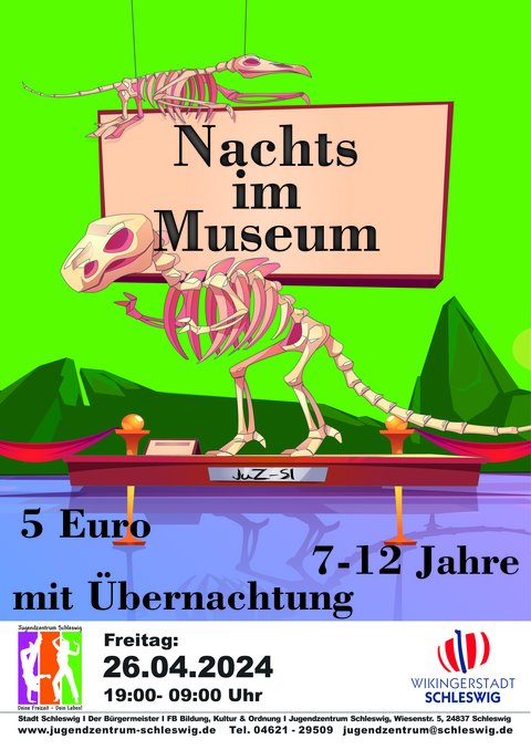 Veranstaltungsplakat des Jugendzentrums, die Ankündigung einer Übernachtungsparty und einem Besuch im Museum am 26.04.24 betreffend. Titel: Nachts im Museum