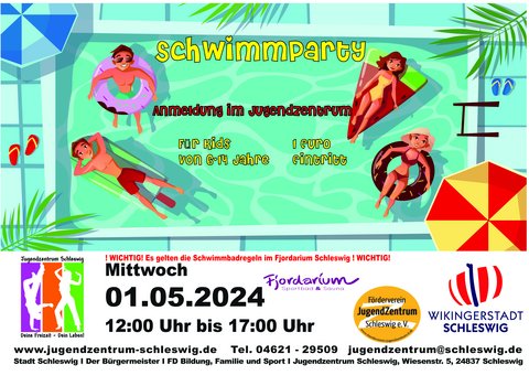Veranstaltungsplakat des Jugendzentrums, die Ankündigung einer Schwimmbadparty am 01.05.24 betreffend.