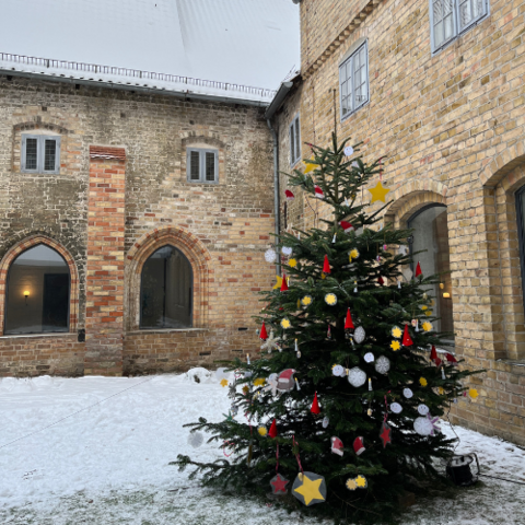 Foto zeigt den geschmückten Weihnachtsbaum im Innenhof des Rathauses