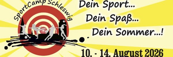 Plakat SportCamp Schleswig 2026, zum 14. Mal findet vom 10. bis 14. August 2026 das beliebte SportCamp Schleswig statt Die Anmeldung läuft vom 7. bis zum 22. Februar 2026