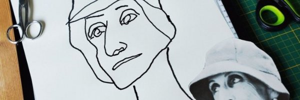 Zeichenblock, Collage eines Frauenkopfes mit Hut, Schere und Farbstifte