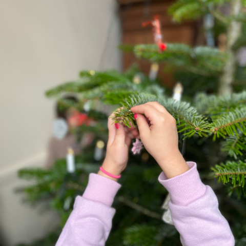 Foto zeigt Kinderhände, die den Weihnachtsbaum schmücken