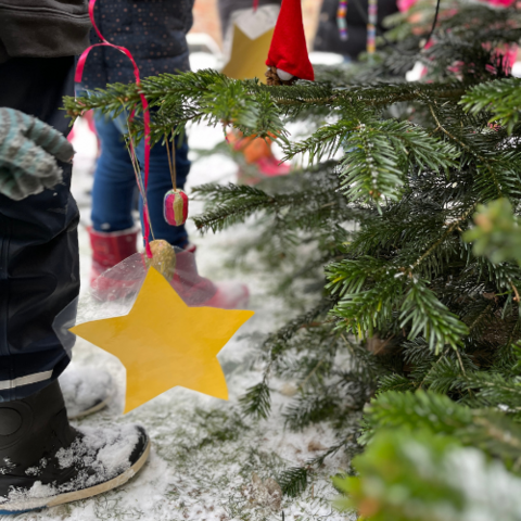 Foto zeigt Kinder, die um den Weihnachtsbaum im Schnee stehen