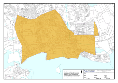 Karte der Stadt Schleswig mit dem eingezeichneten Gebiet der Standsicherheitsprüfung 2024
