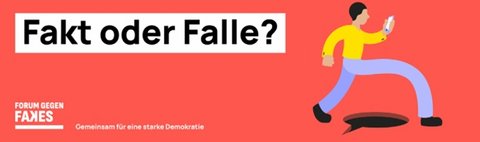Logo des Projektes „Forum gegen Fakes – Gemeinsam für eine starke Demokratie" des BMI: Fakt oder Falle. Gemeinsam gegen Fakes
