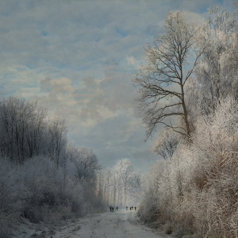 Das Bild zeigt einen winterlichen Weg mit schneebedeckten Bäumen an den Wegrändern. Es ist von der Fotografin Saskia Boelsums: Malerische Fotografie aus der Sommerausstellung