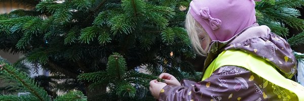 Mädchen schmückt den Weihnachtsbaum im Innenhof des Rathauses