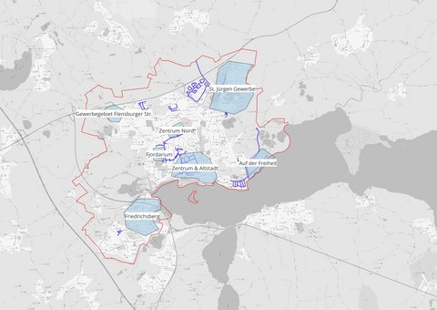 Grafik zeigt bestehende Wärmenetze und potenzielle Quartiere. Die blau dargestellten Linien sind eine Visualisierung von Straßenzügen, in denen Fernwärmeleitungen liegen.