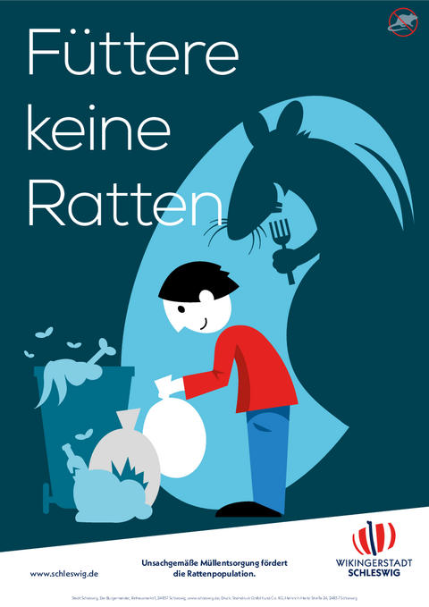 Bild zeigt ein Plakat zur Rattenbekämpfung; auf diesem legt der Mann den Müll neben den Mülleimer und die Ratte steht in seinem Schatten